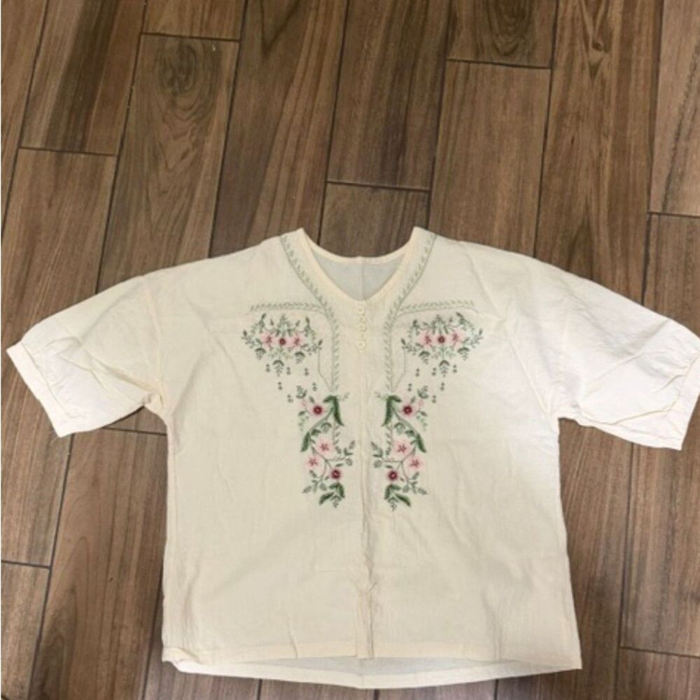 Floral embroidered blouse 2XL cream cotton linen boho - Picture 2 of 2